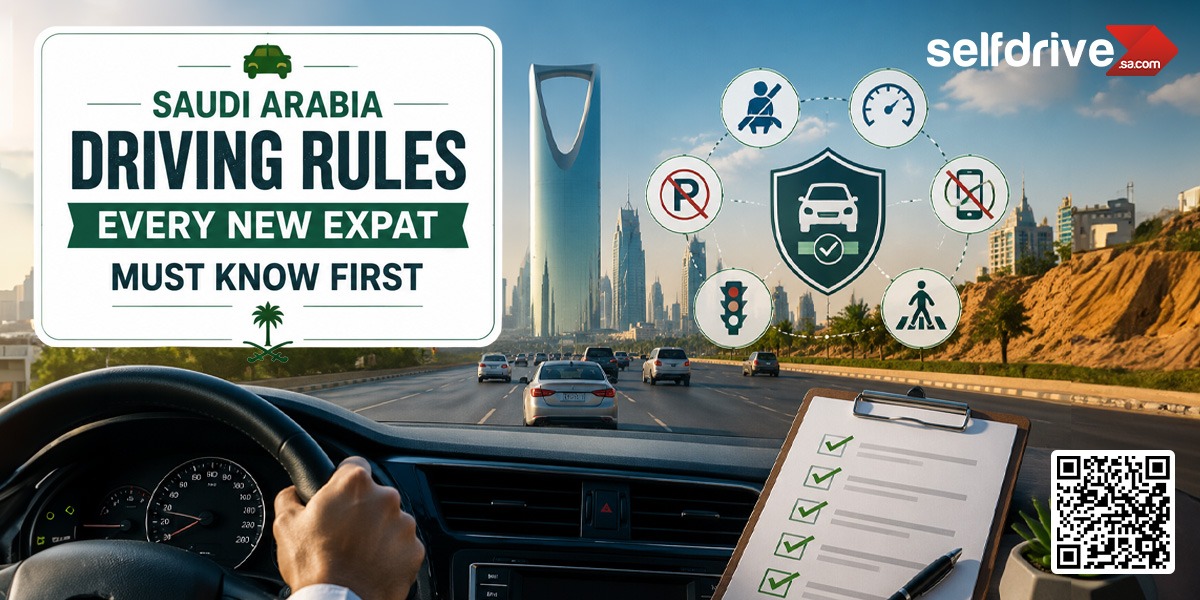 Image shows a car driving on a highway toward Riyadh's skyline, with a sign reading 'Saudi Arabia Driving Rules Every New Expat Must Know First.' Icons depict speed limits, traffic signs, and driving rules. A checklist and QR code are visible, conveying a sense of guidance and preparedness.